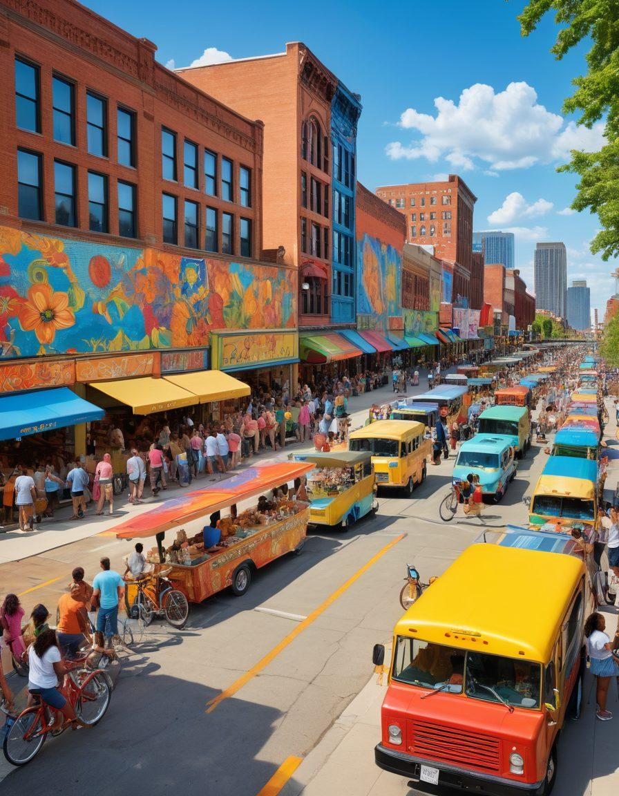 A bustling scene in downtown Detroit showcasing people engaging in joyful activities, such as riding bikes along the riverfront, enjoying street performances, and colorful food trucks. Incorporate vibrant city murals as a backdrop, with smiling faces reflecting the lively spirit of the city. Bright, cheerful colors with a blue sky amplify the energetic atmosphere. super-realistic. vibrant colors. 3D.