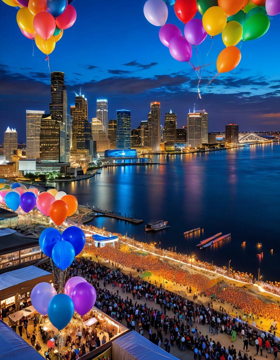 A vibrant cityscape of Detroit, showcasing iconic landmarks like the Detroit River and the Renaissance Center, with people joyfully celebrating various activities such as outdoor festivals, dining at food trucks, and enjoying live music. Include colorful balloons and confetti in the scene to evoke a festive atmosphere. The overall image should capture the essence of celebration and community spirit. super-realistic. vibrant colors. 3D.