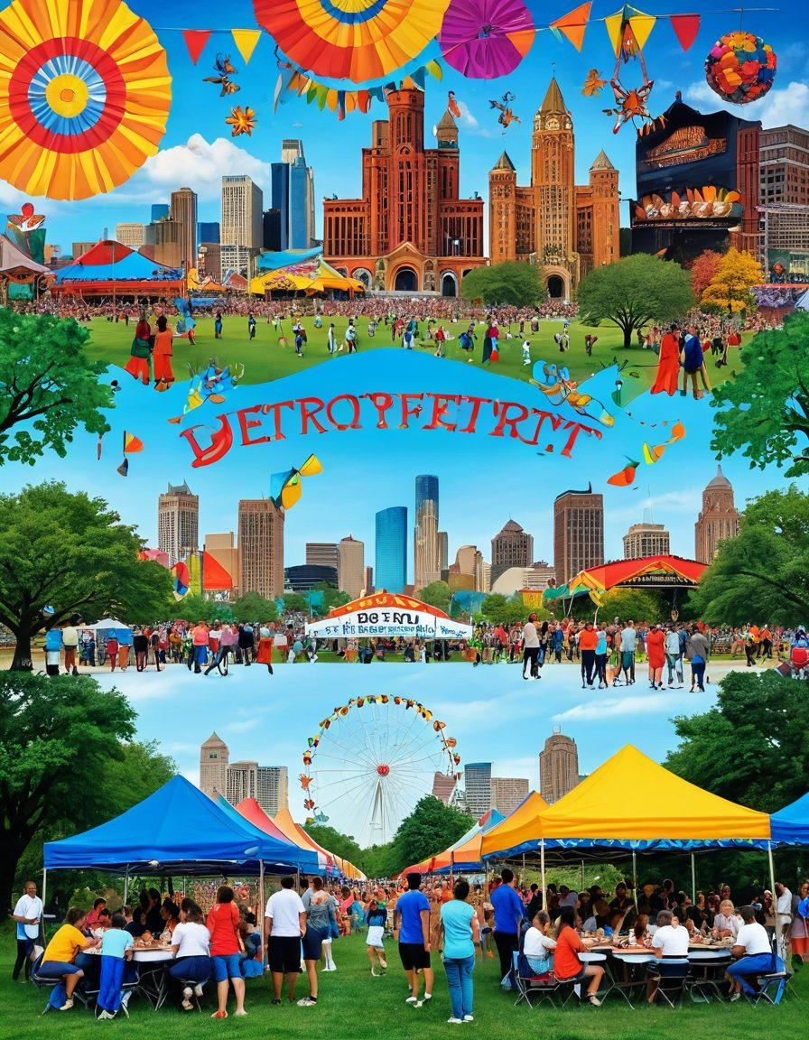 A vibrant collage showcasing various Detroit festivals, featuring people of diverse backgrounds enjoying music, food, and activities in a lively park setting. Incorporate elements of family fun like children playing, laughter, and colorful decorations. The backdrop should highlight iconic Detroit landmarks to emphasize local culture. Bright and cheerful colors to evoke happiness. super-realistic. vibrant colors.